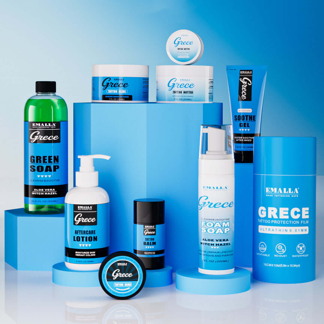 EMALLA Grece tattoo aftercare products collection including tattoo balm, aftercare lotion, foam soap, green soap, protective film and more