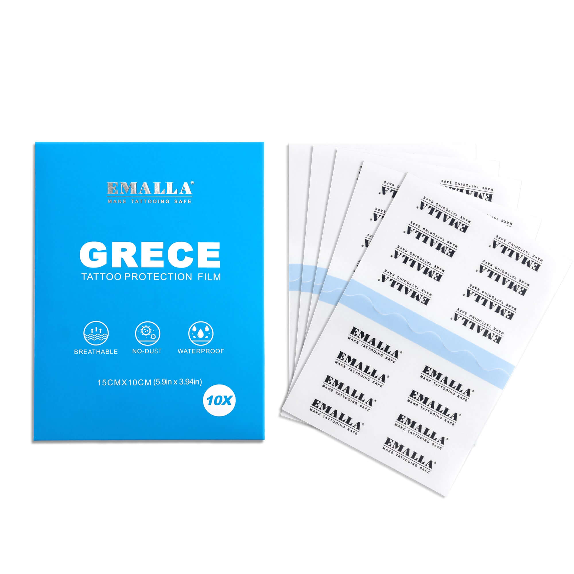 Product display of EMALLA Grece Tattoo Protection Film Pack of 10 (15cmx10cm)