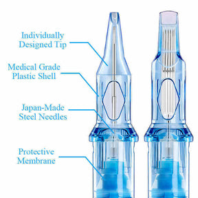 Specific description of constructions of Emalla Eliot Cartridge Needles from front view