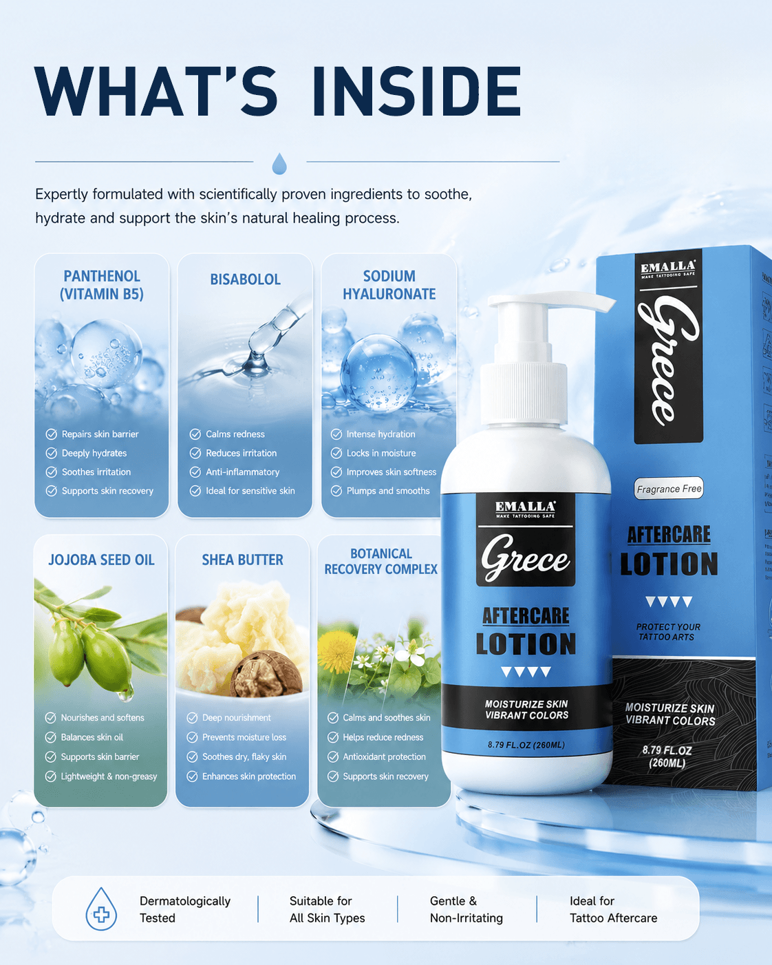 EMALLA Grece tattoo aftercare lotion ingredients and benefits overview for tattoo healing and skin soothing care