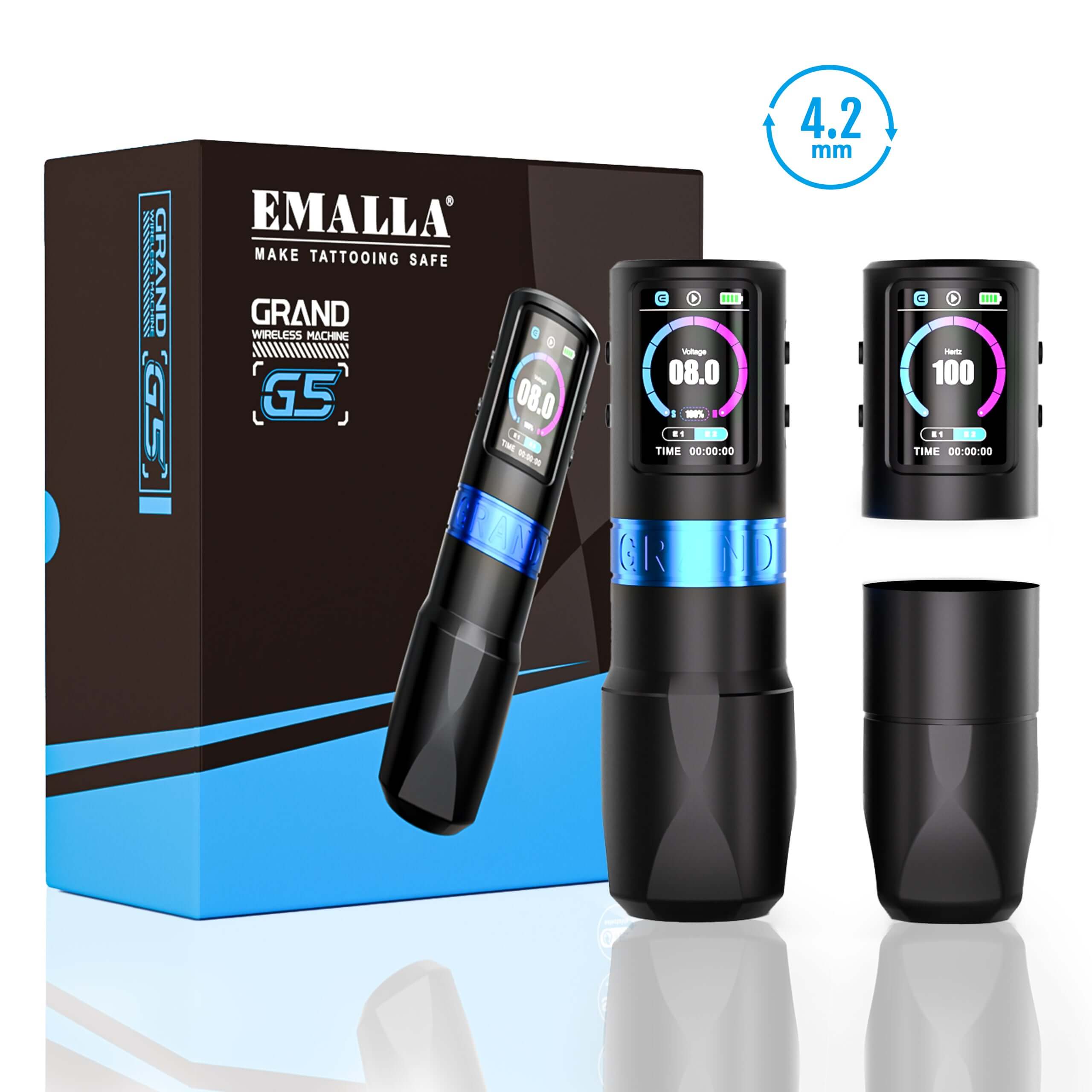 EMALLA Grand G5 wireless tattoo pen machine 4.2mm stroke with  two batteries and two grips 