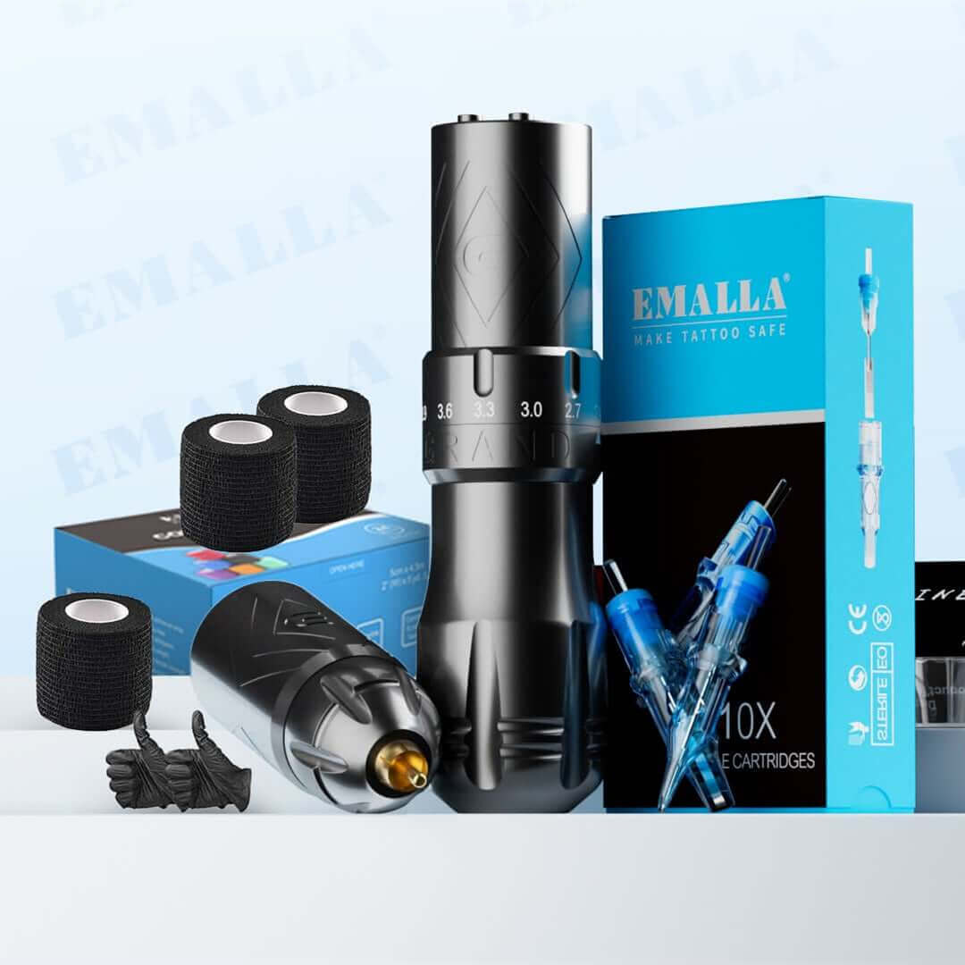 EMALLA professional tattoo equipment set featuring tattoo machine pen, tattoo cartridge needles, grip tape and accessories for tattoo artists