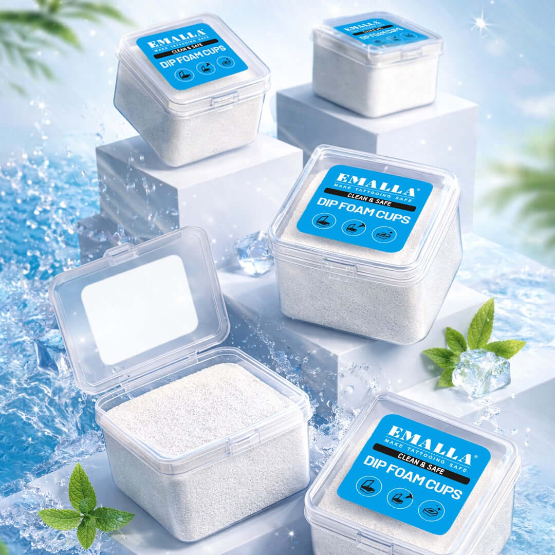EMALLA Dip Foam Cups for tattoo ink cleaning, disposable tattoo foam cups displayed on ice with fresh blue summer background