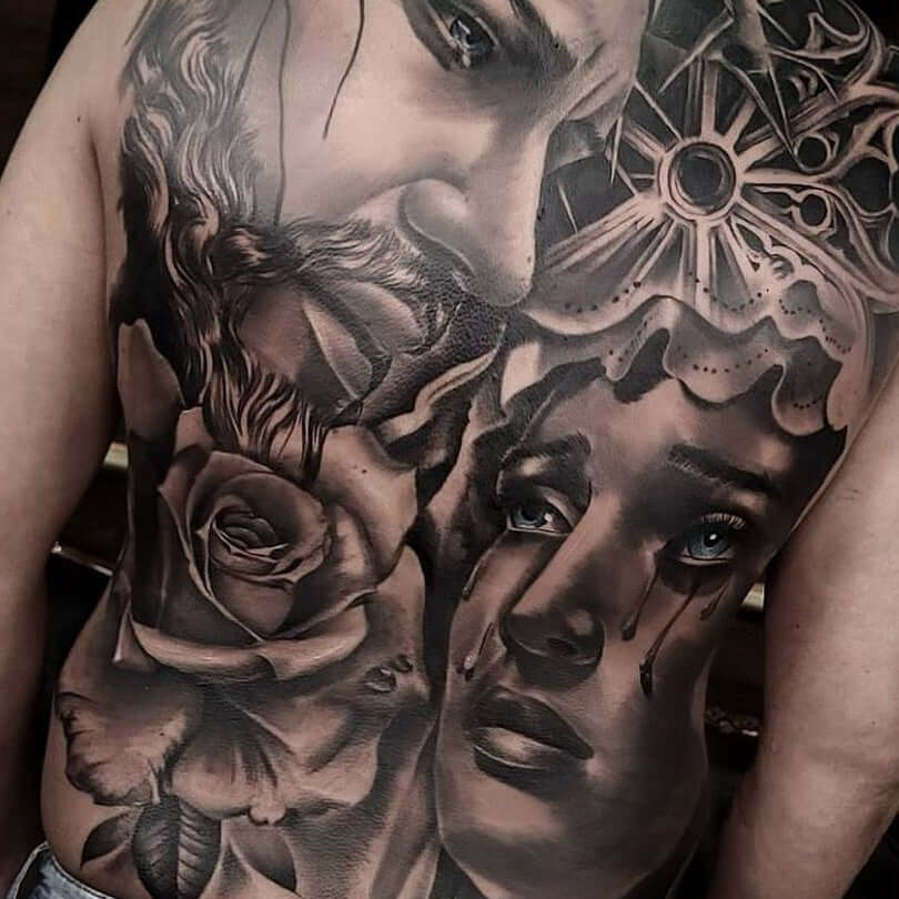 Tattoo of man, woman and rose back art piece with Emalla Eliot Cartridge Needles 