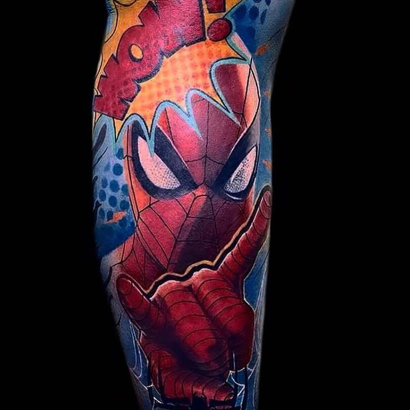 Tattoo of full color spider man with Emalla Eliot Cartridge Needles 