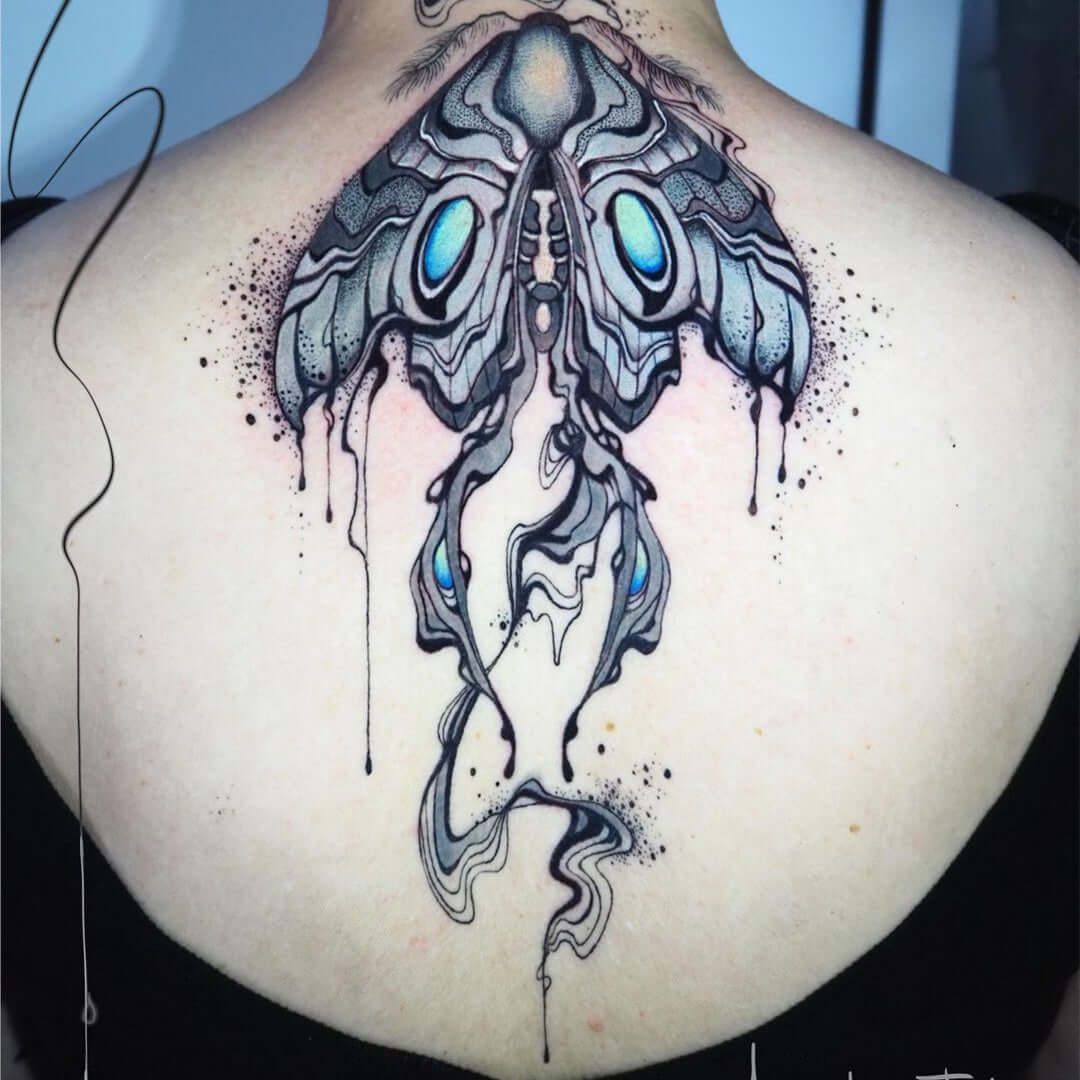 Back piece of moth tattoo by Emalla Eliot Cartridge Needles