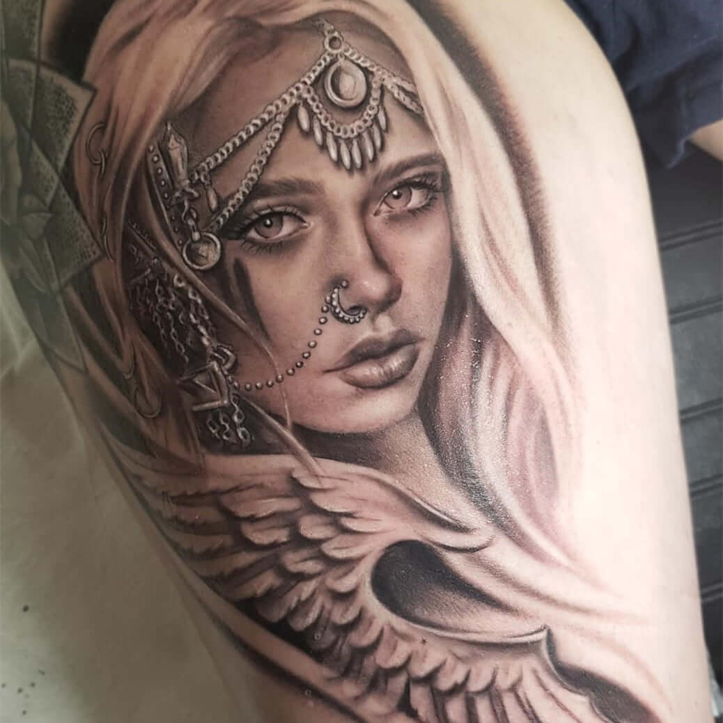 Amazonian gypsy woman tattooed on body with Emalla Eliot Cartridge Needles