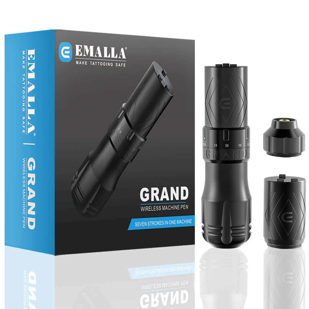 Package and disassembly diagram of EMALLA GRAND Wireless Tattoo Pen Machine in bundle