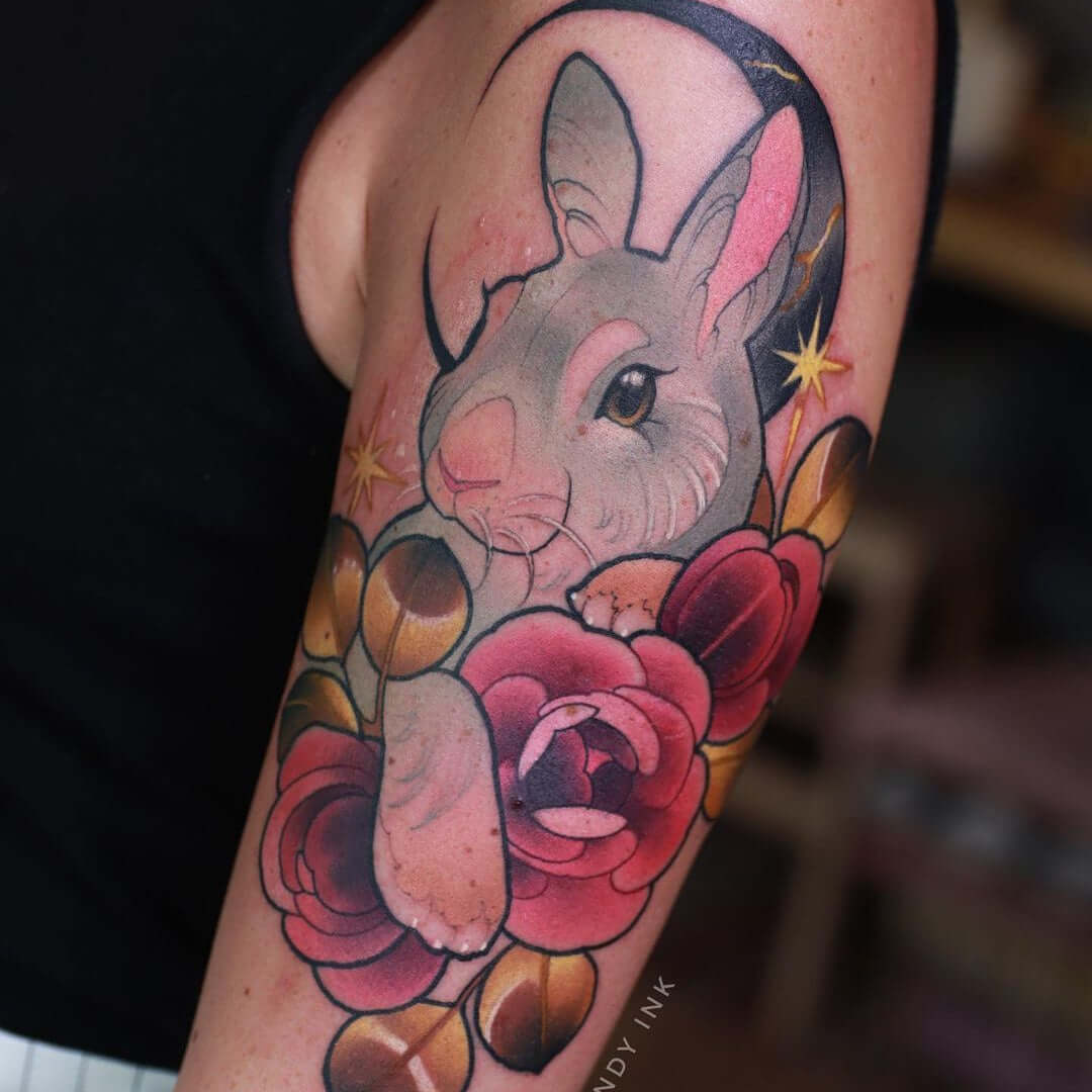 Cartoon bunny with flowers and black moon with Emalla Eliot Cartridge Needles