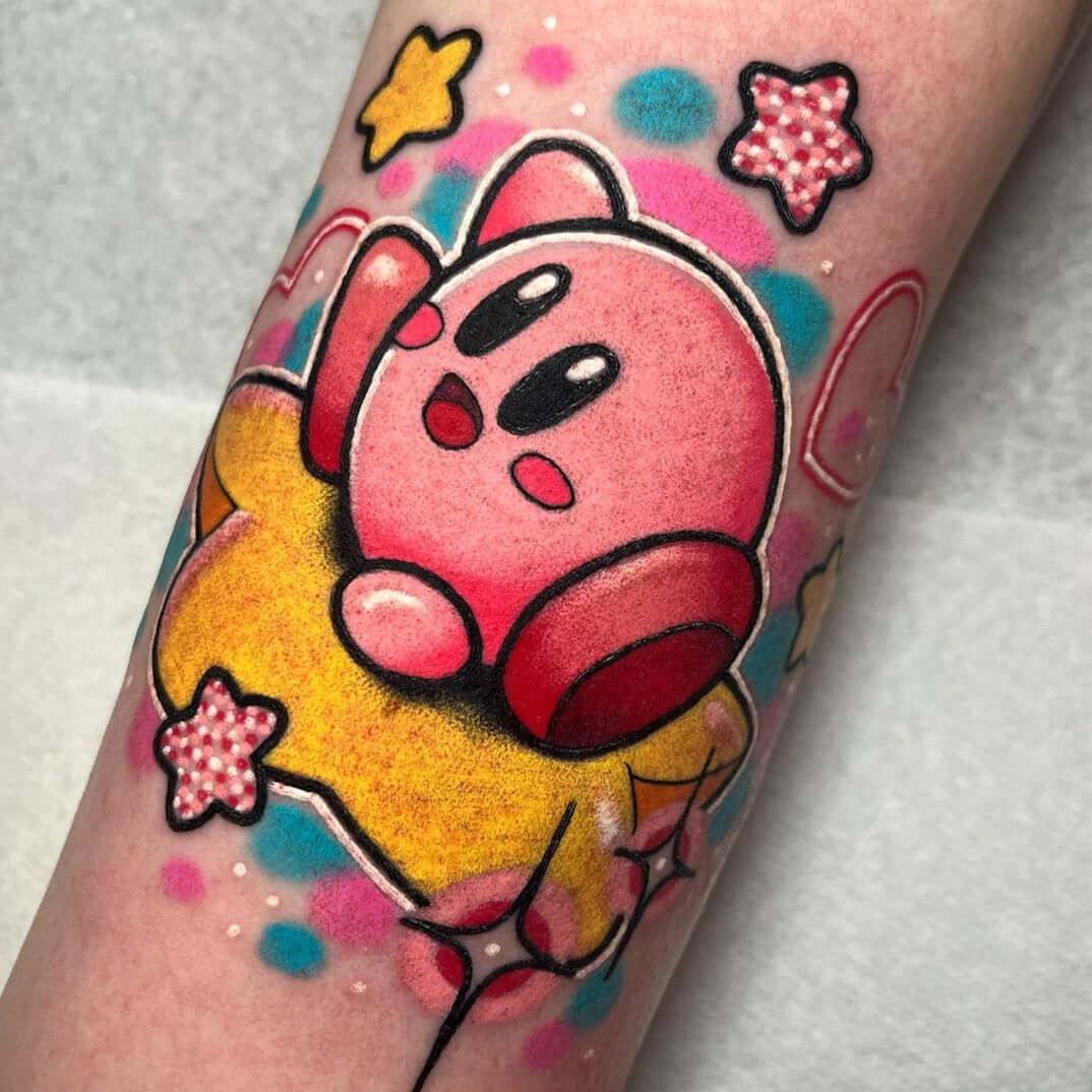 Game tattoo of Kirby on the star with Emalla Eliot Cartridge Needles