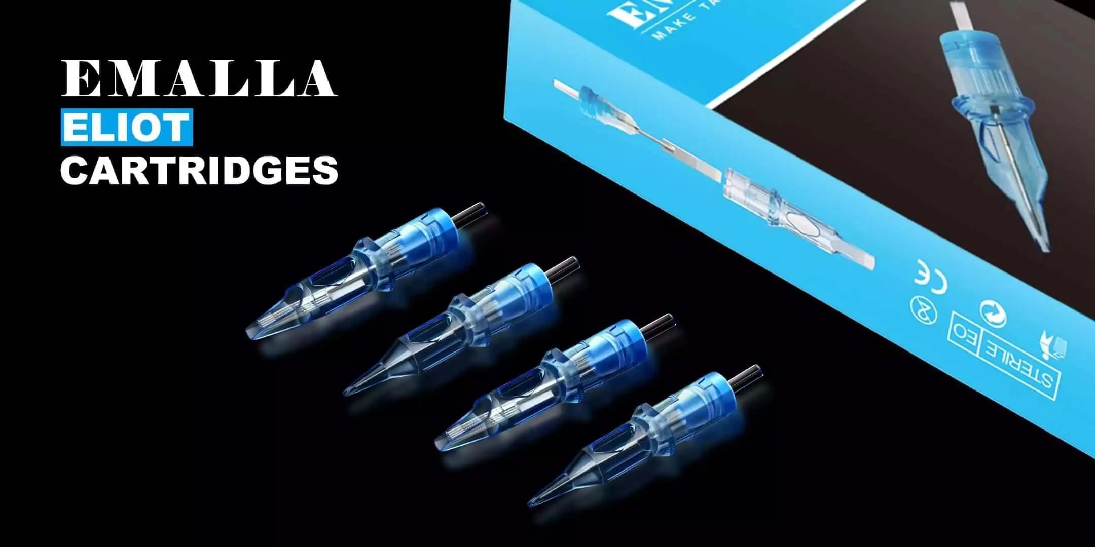 EMALLA ELIOT tattoo membrane cartridges with safe PC material and stainless steel.