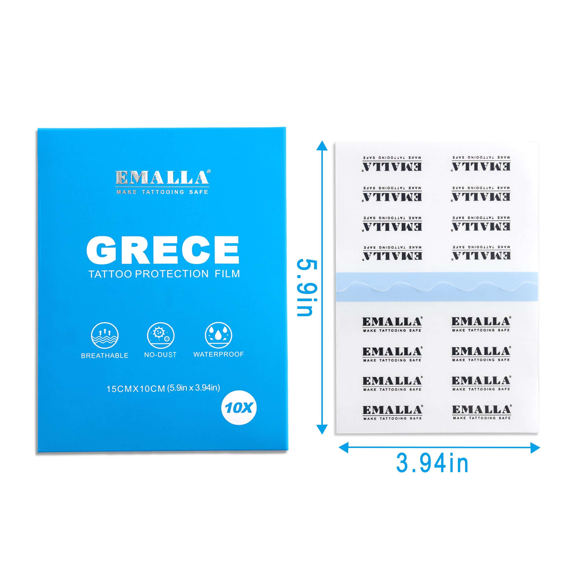 Product display details of EMALLA Grece Tattoo Protection Film Pack of 10 (15cmx10cm)