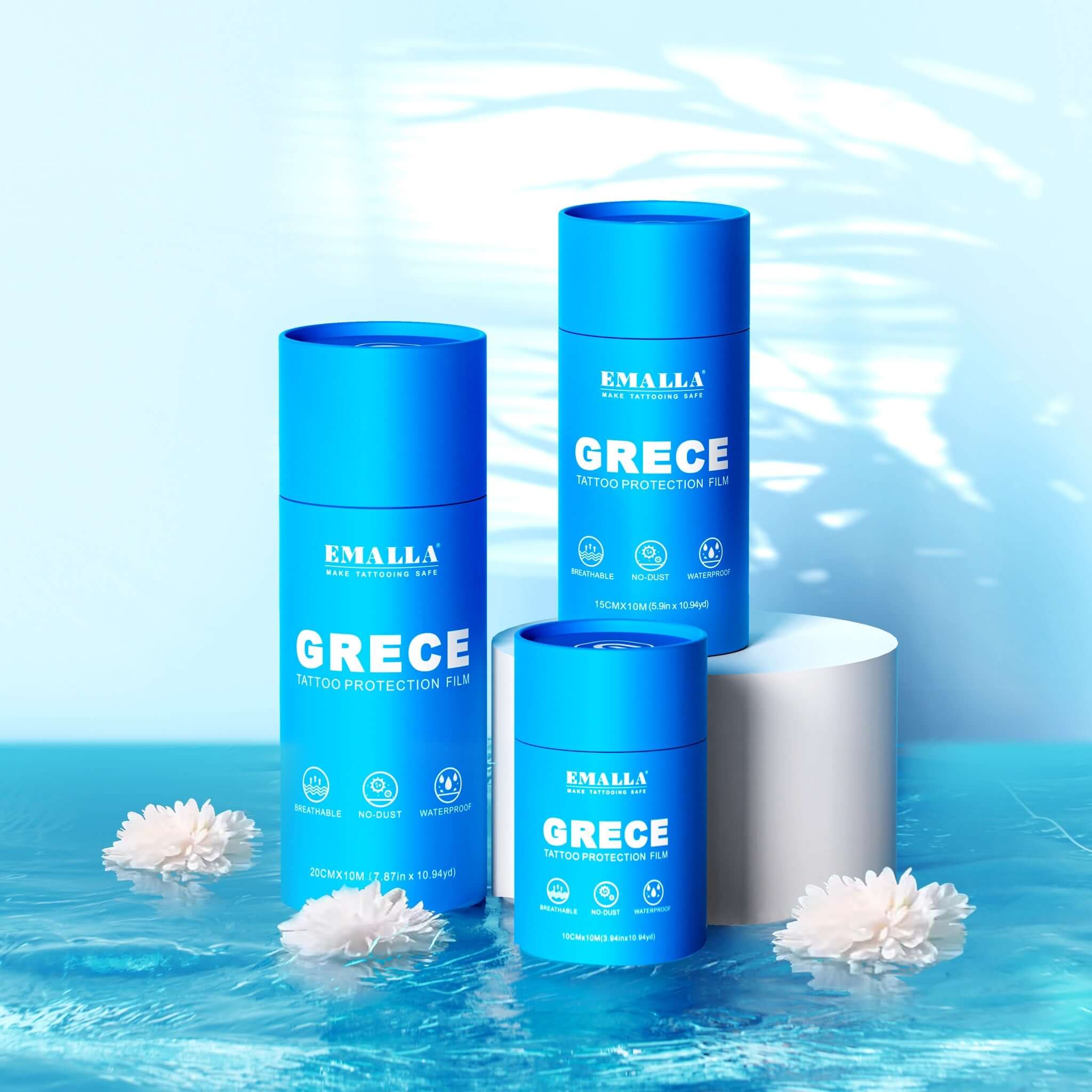 EMALLA Grece Tattoo Protection Film Roll in display from front view