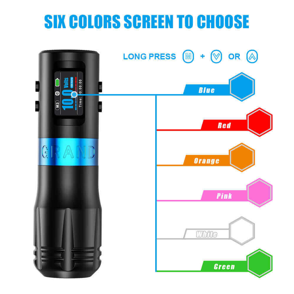 Six colors screen to choose for EMALLA GRAND G4 Wireless Tattoo Pen Machine