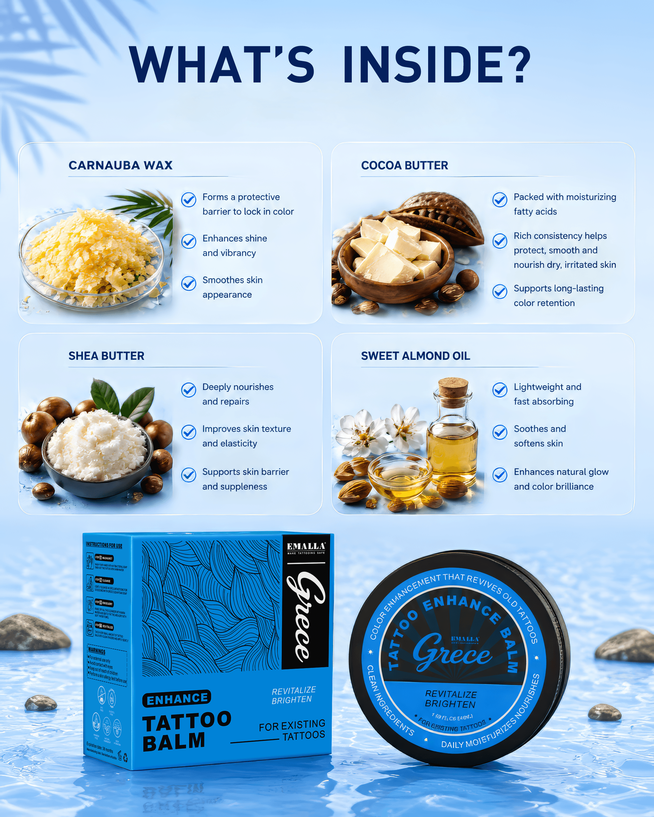 EMALLA Grece tattoo balm with natural ingredients including carnauba wax, cocoa butter, shea butter and sweet almond oil for tattoo aftercare