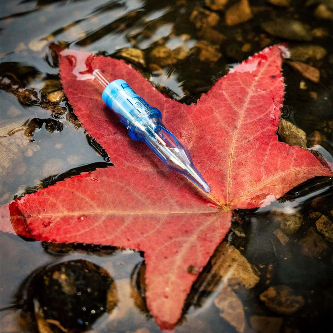 Emalla Eliot Cartridge Needle on a red leaf floating on the stream