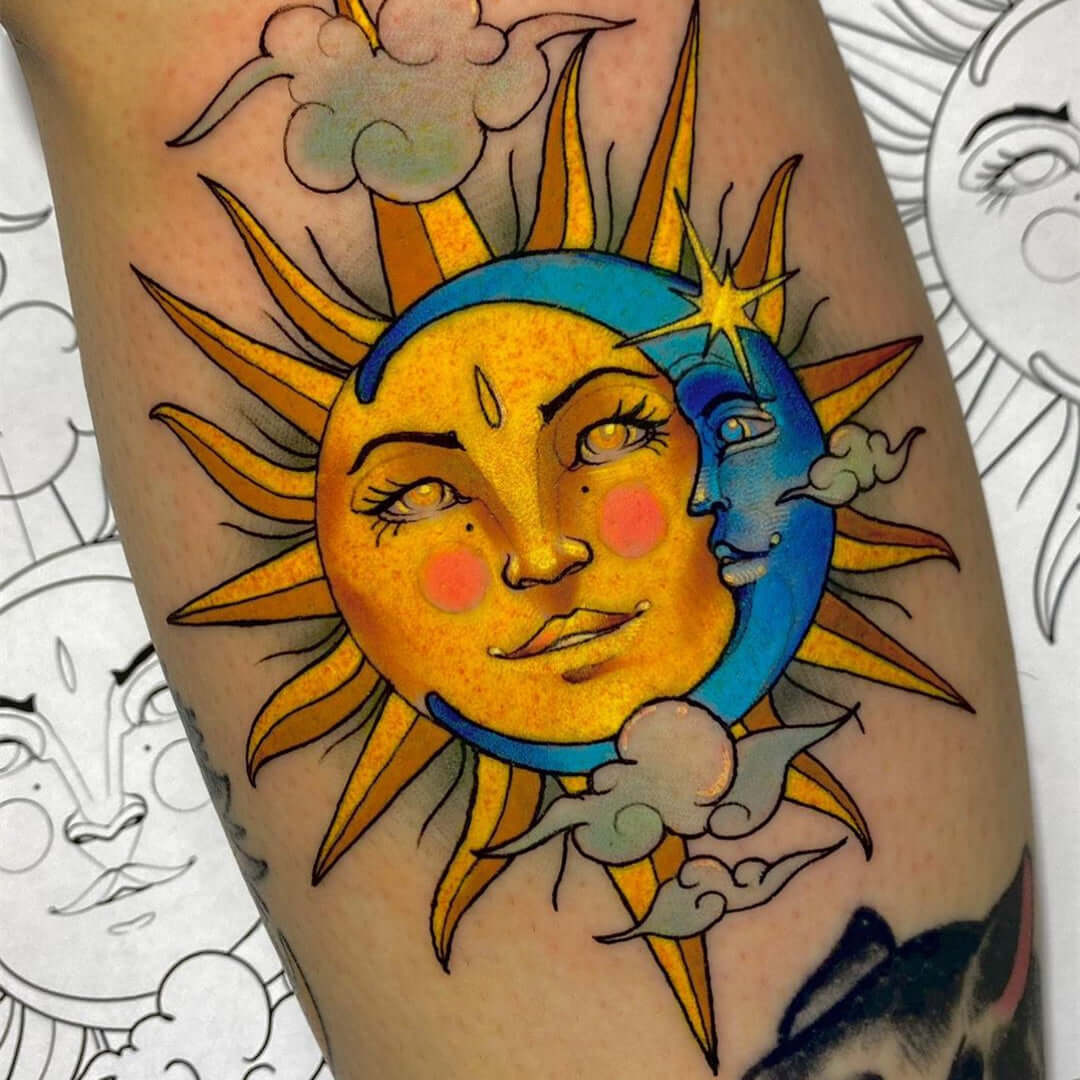 Sun and moon tattoo by Emalla Eliot Cartridge needles