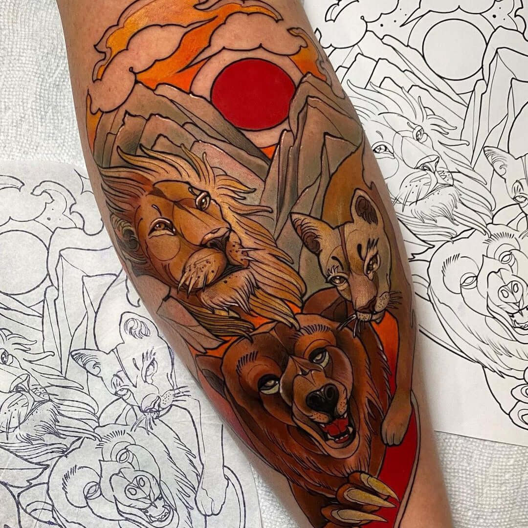 Tattoo of lion, bear and leopard by Emalla Eliot Cartridge Needles