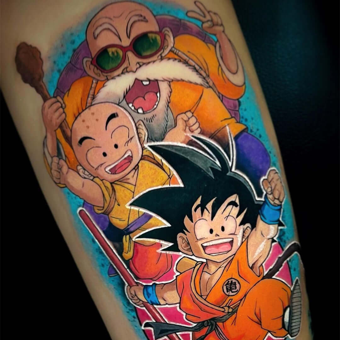 Dragon ball anime tattoo of Goku, Maestro Roshi and Krillin with Emalla Eliot Cartridge Needles