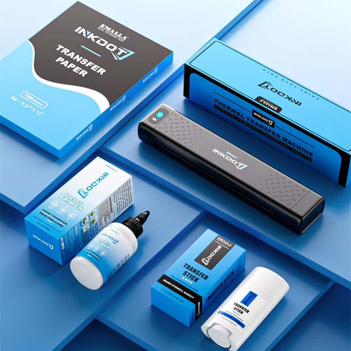 EMALLA INKDOT tattoo stencil supplies collection including thermal transfer printer, transfer paper, transfer stencil gel and transfer stick