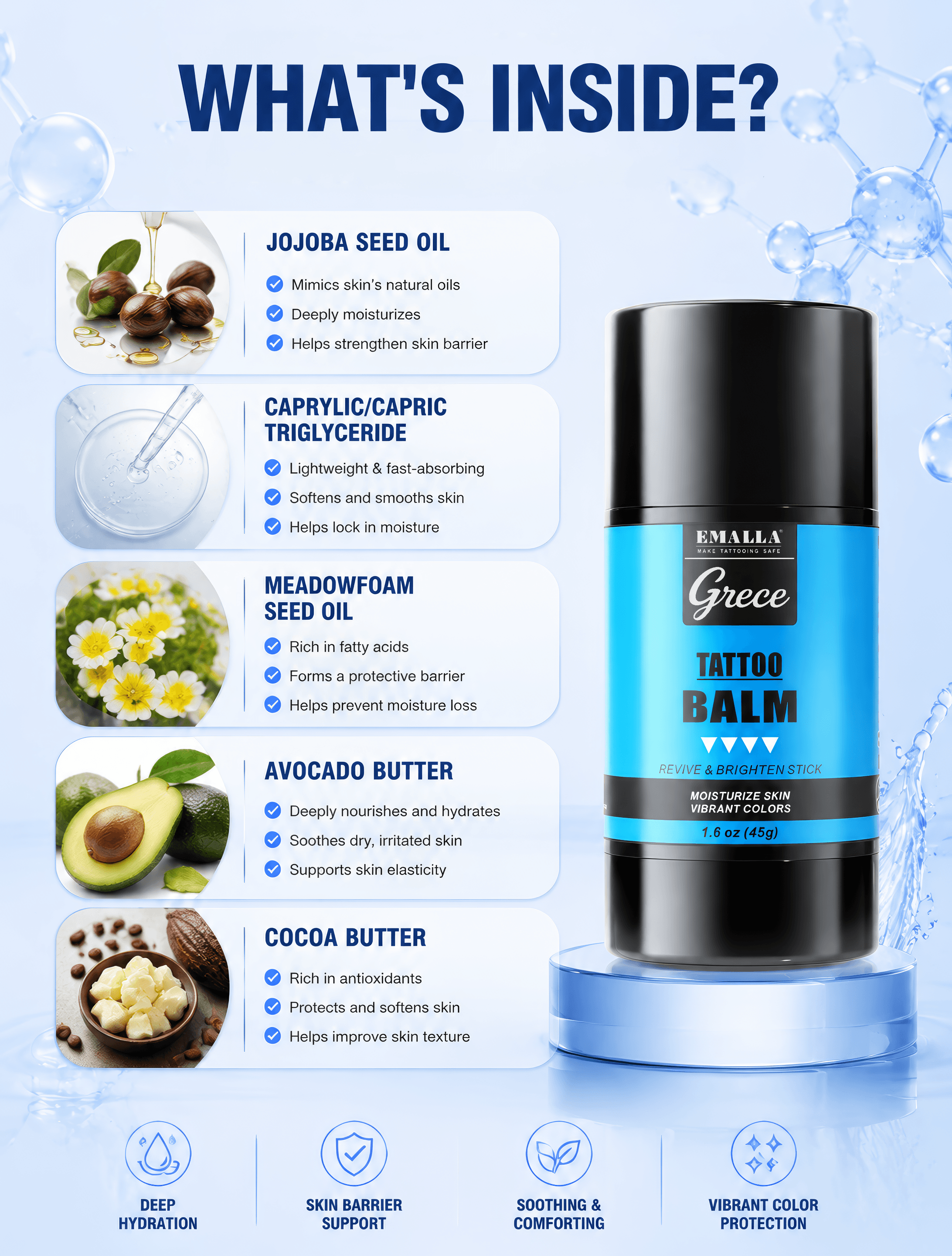 EMALLA Grece tattoo balm with jojoba seed oil, avocado butter, cocoa butter and natural ingredients for tattoo aftercare and skin hydration