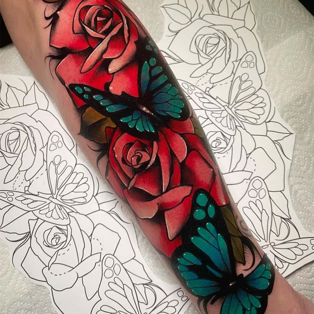 Neotraditional butterfly and rose on arm by Emalla Eliot Cartridge Needles