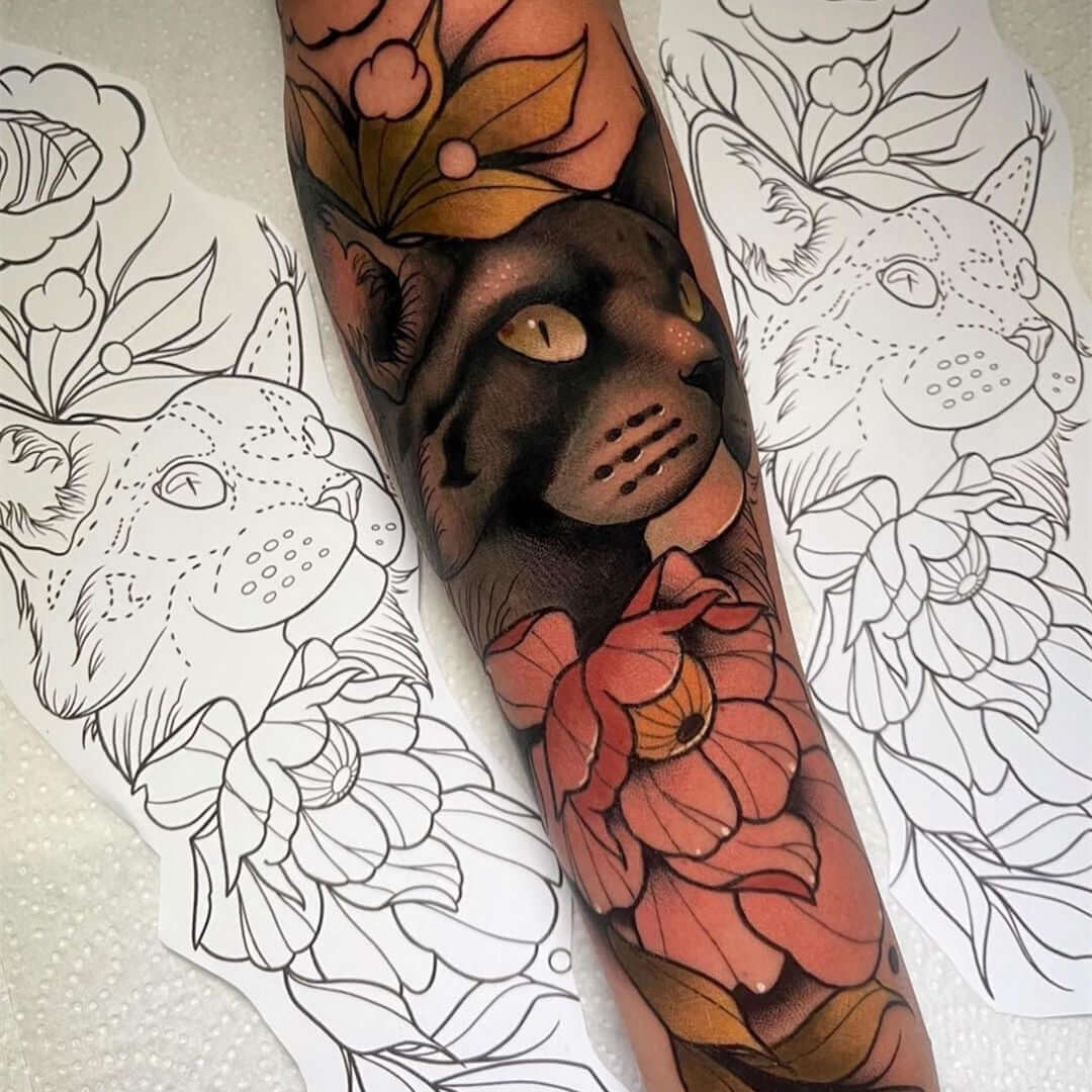 Neotraditional cat artwork on arm by Emalla Eliot Cartridge Needles