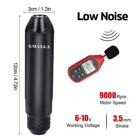 Low noise feature, dimensions and parameters of motor speed, working voltage and stroke of EMALLA Cartridge Tattoo Pen Machine