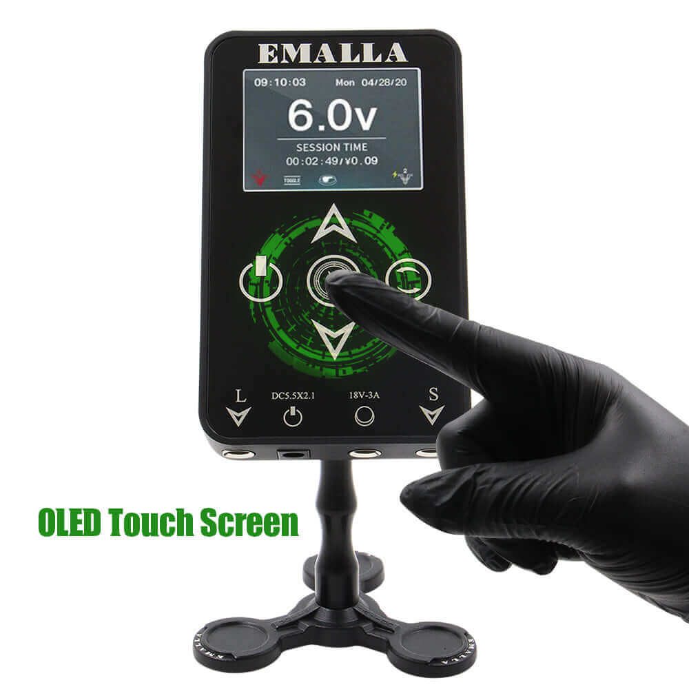 OLED touch screen of EMALLA SOVER Touch Tattoo Power Supply being used from front view