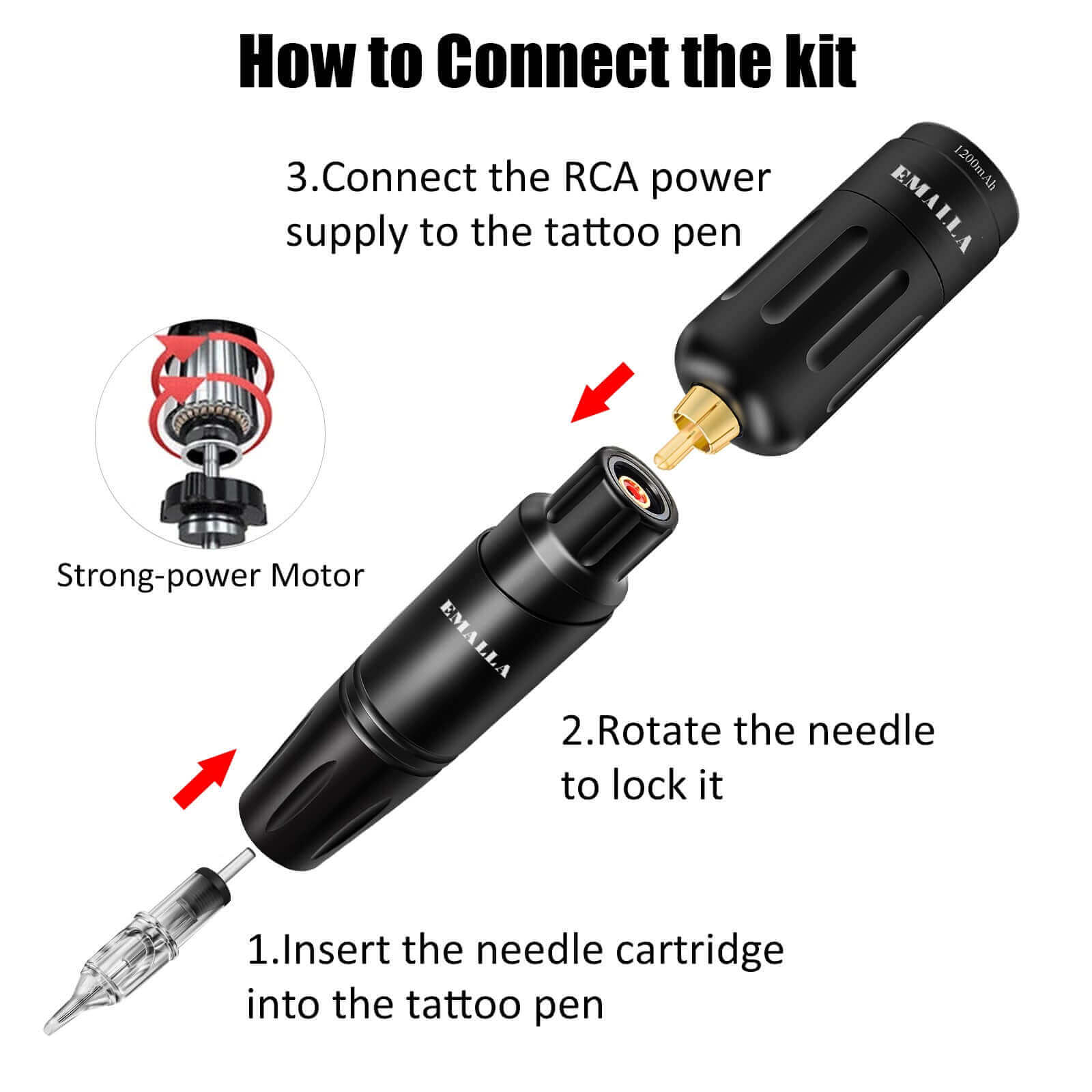 Steps of connecting the kit of EMALLA tattoo machine with specific illustration