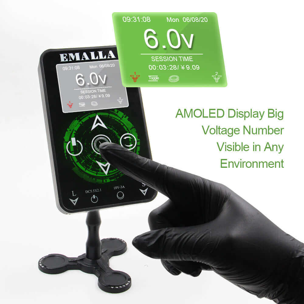 AMOLED display big voltage number visible in EMALLA SOVER Touch Tattoo Power Supply being used