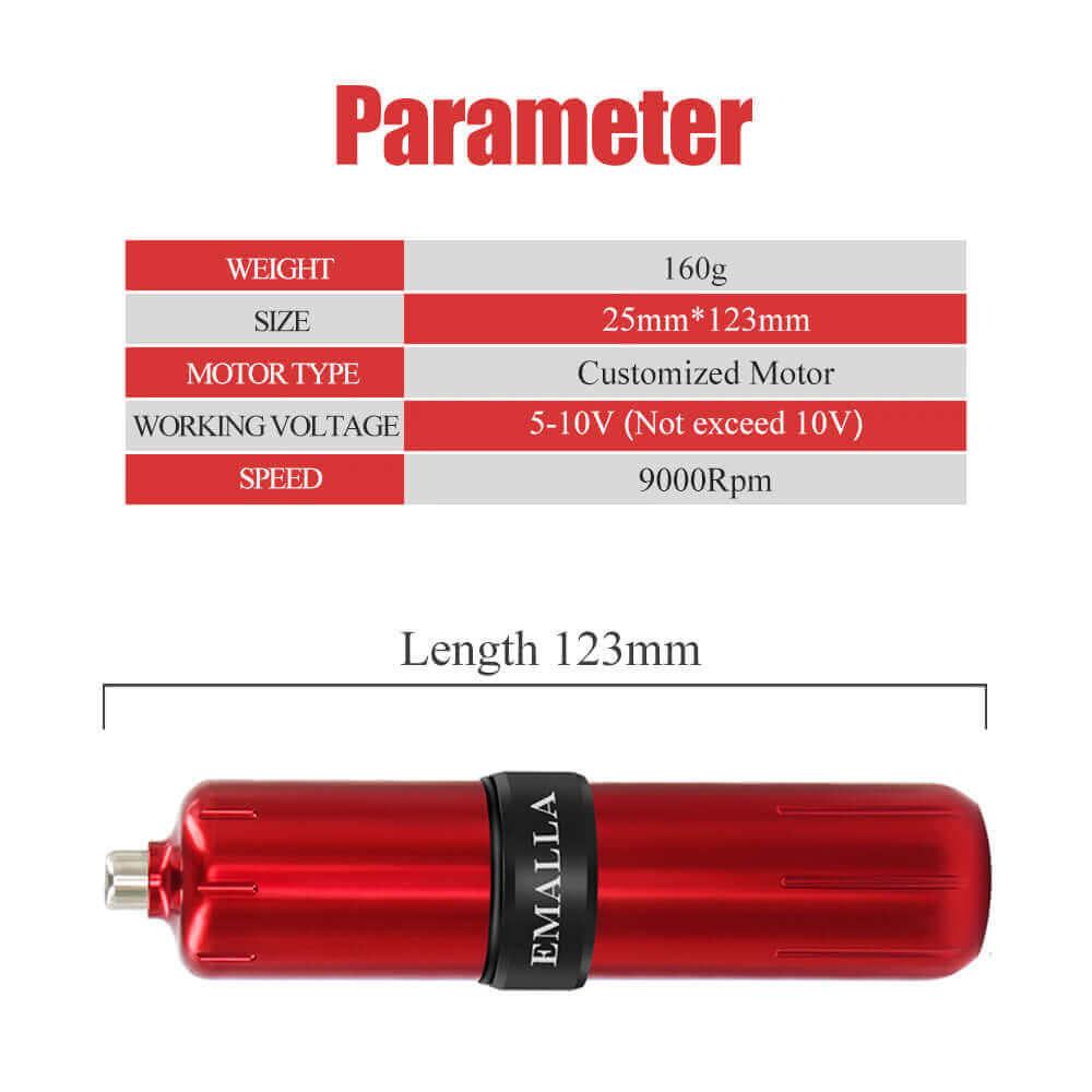Specific parameters of EMALLA Tattoo Pen Rotary Machine Red from vertical view