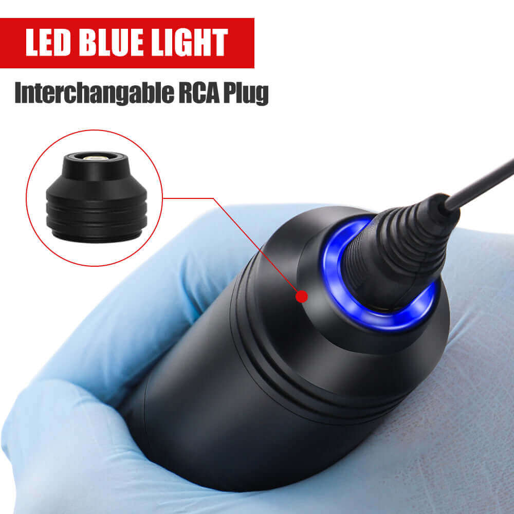 LED blue light and interchangeable RCA plug of EMALLA AVON wireless tattoo pen machine
