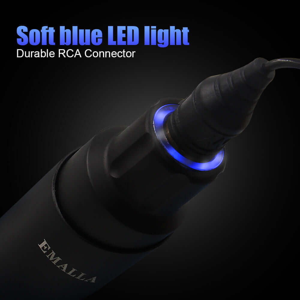 Durable RCA connector with soft blue LED light in EMALLA HAVO Tattoo Pen Rotary Machine