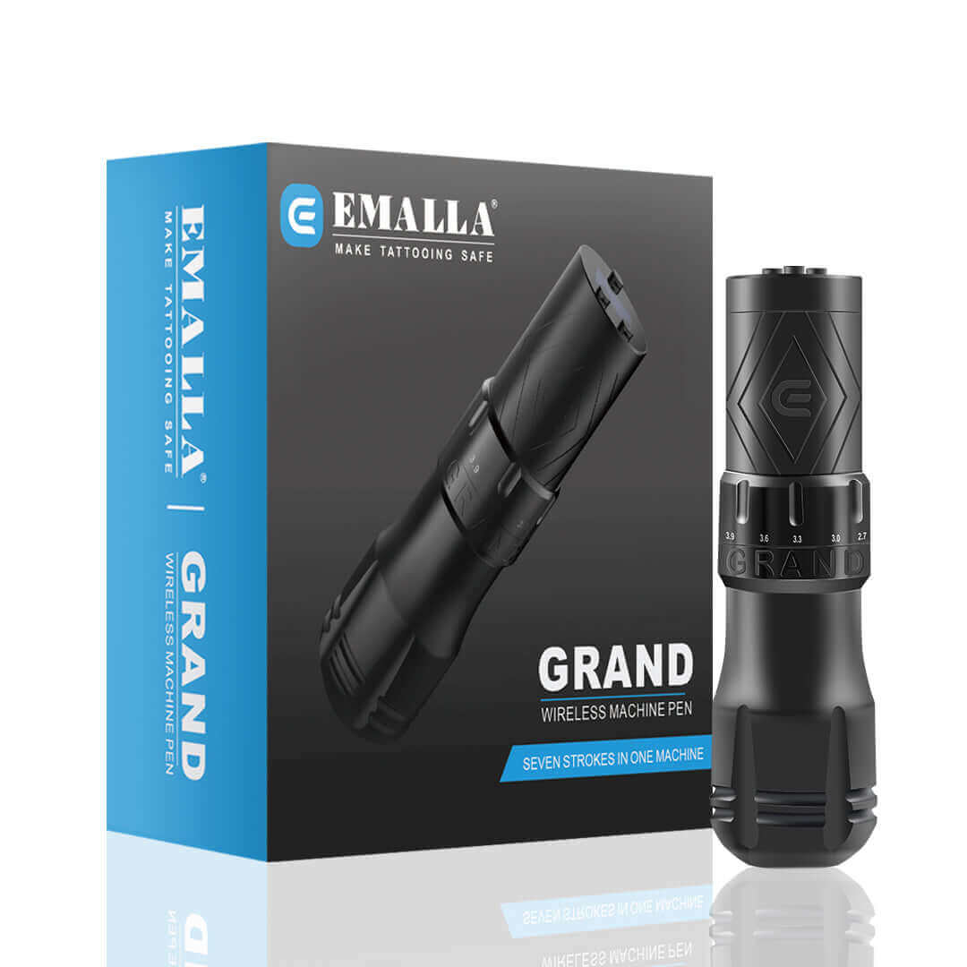Package of EMALLA GRAND Wireless Tattoo Pen Machine from front view