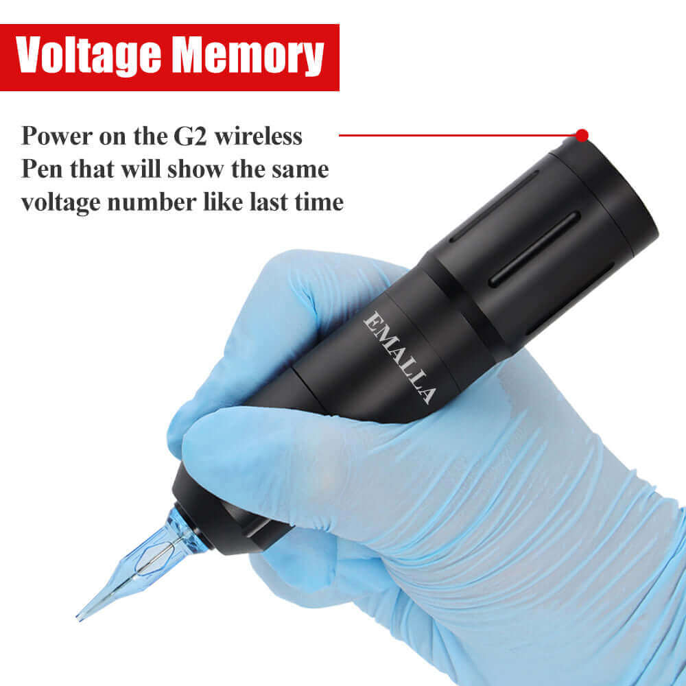 Voltage Memory of EMALLA AVON wireless tattoo pen machine being used
