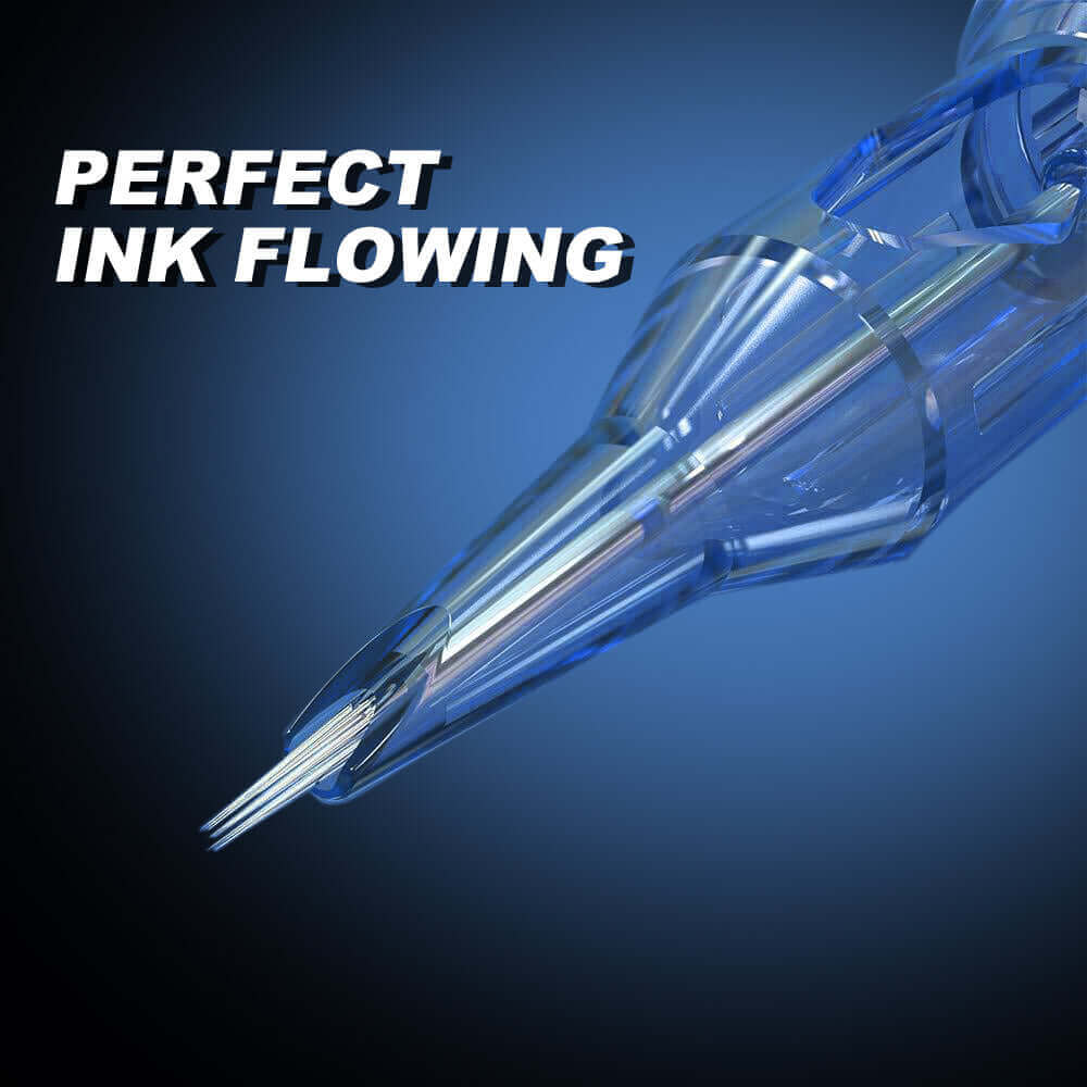 Perfect ink flowing of EMALLA ELIOT Tattoo Cartridge Needles Round Shader with details of needle tips