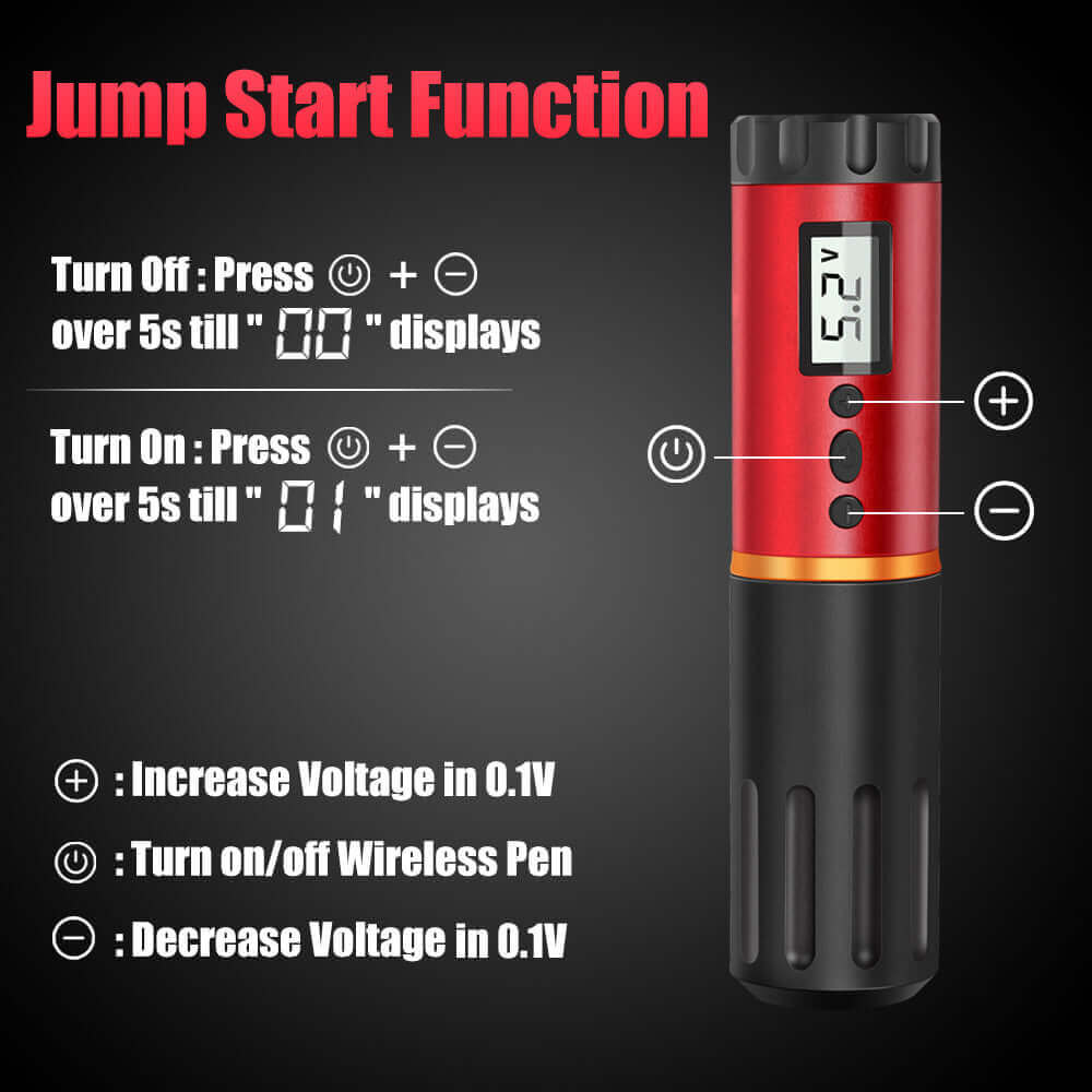 Jump start function of EMALLA EAGE Wireless Tattoo Pen Machine and descriptions of function buttons