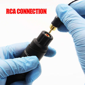 RCA Connection of EMALLA Silicone Soft Tattoo RCA Connector Clip Cords being used from front view